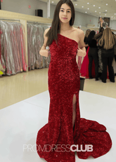 Karen |Long Purple Prom Dresses Near Me With One Shoulder Sequin Mermaid Slit - Price #price_variant_lowest# - Burgundy - PromDressClub